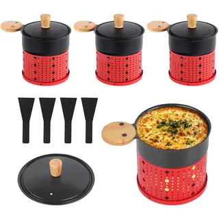 ipow 4er Set Mini Raclette Grill, Racletteofen Set antihaftbeschicht Kerzenraclette für Teelichter, Mini Raclettes, Teelicht-Raclette mit 4 Schaufeln und Deckel, Rot