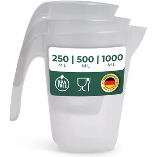 Novaliv Messbecher Set 250ml 500ml 1000ml, Meßbecher Küche Set transparent mit klarer g/ml Skala für Flüssigkeiten Mehl & Zucker, Made in Germany, Spülmaschinenfest, Rührschüssel Messbehälter