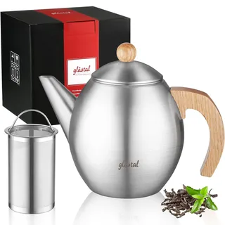 glastal Silberne Teekanne aus Edelstahl 1200ml mit 18/8 Edelstahl Teesieb Teebereiter Geeignet für Teewarmer