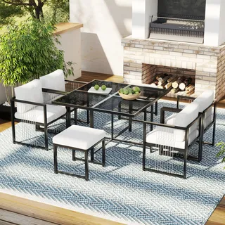 MODFU Garten-Lounge-Set Gartenmöbel -Set, Gartenstuhl 7er set Esstisch und Stuhlset  für 6 Personen, mit Sitzkissen  und Rückenkissen ,Schwarz+ Weiß - Schwarz