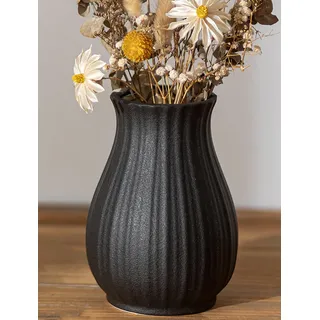 NUPTIO Schwarz Keramik Blumen Vase: 16cm Hoch, Gerippte | Matt, Kompakte Form, Moderne Struktur, Boho Deko, Blumenvase für Pampasgras, Fensterbank, Tischregal, Couchtisch, Küche
