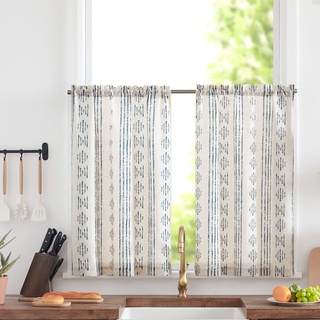 TOPICK Boho Gestreifte Küchen Scheibengardinen Leinen 60 cm Lang Bohemian Kurz Bistrogardine mit Streifen Lichtfilterung Küchengardinen für Esszimmer Badezimmer Klein Fenster Blau auf Beige 2er Set