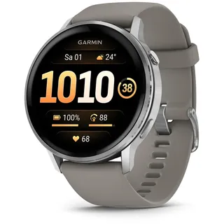 Garmin Venu 4 BT 45 mm Edelstahlgehäuse schwarz Silikonarmband grau M
