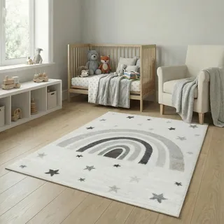 Jimri Kinderteppich DOTS l Pünktchen Gepunktet l Öko-Tex Siegel | Farbe: Beige Blau Rosa | Kinderzimmer/Jugendzimmer (Creme, 160 x 230 cm)