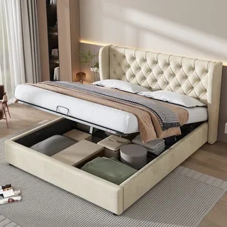 STILVORA Polsterbett 160 x 200cm Knopfnähte Doppelbett,Hydraulisches Funktionsbett mit Bettkasten,Samt,Beige(mit Matratze) - Beige