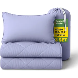Reise Bettenset 2tlg Lavendel - (135x200cm / 40x80cm) Sommer-Bettdecke inkl Reisetasche - Wendedecke für Reisen, Urlaub, Camping, Festival - Violett