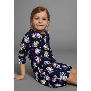 Jerseykleid KIDSWORLD "für kleine Mädchen", Mädchen, Gr. 116/122, N-Gr, blau (marine, bedruckt), Jersey, Obermaterial: 95% Baumwolle, 5% Elasthan, bedruckt, gemustert, kniefrei, Rundhals, Raglanärmel, Kleider Jerseykleid, festliche Anlässe, kniefreie Länge, eleganter Stil, Topseller