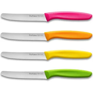 Ruffulon Tafelmesser 4 Stück,Frühstücksmesser mit Wellenschliff,Mehrfarbig Messerset,Scharfe Tomatenmesser,Kunststoffgriff Besteck Messer Set,Rostfreier Stahl,Brotmesser Klein,Bunte Vespermesser