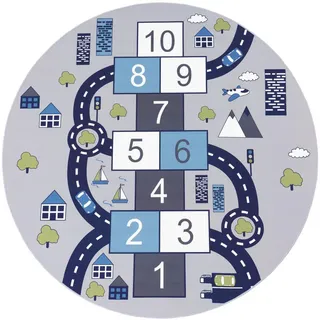 Paco Home Kinderteppich Für Kinderzimmer, Spiel-Teppich Mit Hüpfkästchen und Straßen, grau 160 cm rund