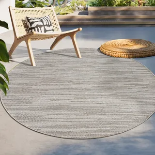 Outdoor Teppich Flachgewebe modern Boho Ethno wetterfest Außenbereich Grösse 120 cm Rund - Beige