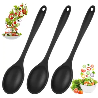 3 Stück Kochlöffel Silikon Rührlöffel, Schwarz Antihaft Silikonlöffel, 27cm Langen Griff Silikon Kochlöffel, Silicone Servierlöffel Kunststoff, Silicone Mixing Spoons für Küche, Kochen, Backen, Rühren