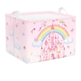 HUUMONSS Regenbogen Tiere Kinder Wäschekorb Faltbar für Mädchen Groß Kleidung Spielzeug Aufbewahrungskorb für Kinderzimmer Bad, Schlösser, 36L