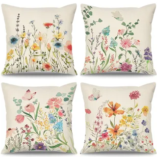 Dremisland 4er Set Kissenbezüge Frühling Blumen 45x45 Garten Kissenbezug Outdoor Kissen Dekokissen Sofakissen Kissenhülle Bunte Blumen Zierkissenhülle Couchkissen für Heim Sofa Garten Zierkissenbezug
