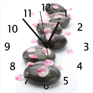 Wallario Design Wanduhr Dunkle Steine mit Blütenblättern aus Echtglas, Größe 30 x 30 cm - Weiß