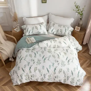 MILDLY Bettwäsche 135x200 Baumwolle 4 Teilig, Bettwäsche-Sets mit Pflanzenmuster, Reißverschluss, ÖkoTex Zertifiziert, Enthält 2 Bettbezug 135x200 und 2 Kissenbezug 80x80, Grün(Katharina)