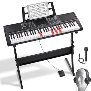 Vevor 61-Tasten-Digitalklavier, beleuchtete Tasten, tragbares elektrisches Klavier mit verstellbarem Ständer, 600 Töne, 500 Rhythmen, integrierte Lautsprecher, Sustain-Pedal, Kopfhörer, Mikrofon, USB-MIDI für Anfänger