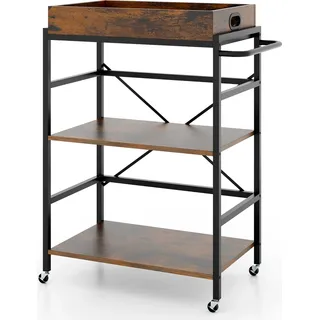 COSTWAY 2in1 3 stufiger Servierwagen, Küchenwagen mit abnehmbarem Tablett & Griff, Küchenregal Rollwagen bis 11kg 73x40x94cm, Braun Schwarz - Braun, Schwarz
