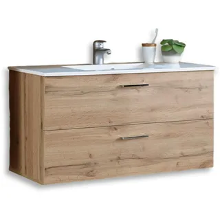Stella Trading Best Waschbeckenunterschrank hängend mit Waschbecken in Wildeiche Optik - Bad Unterschrank mit Softclose Schubladen & viel Stauraum - 99 x 53 x 45 cm (B/H/T)