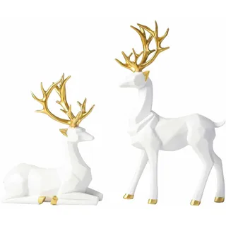 GangGangBAO 2 Stück Hirsch Deko, Paar Hirsch Figuren Weiß Desktop Ornament Resin Elch Rentier Figur Dekoration Weihnachtsdekoration Für Wohnzimmer Schlafzimmer Weihnachten (Weiß)