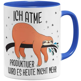 OM3® lustige Faultier Kaffee-Tasse mit Spruch - Ich atme produktiver wird es heute nicht mehr - Sloth - Keramik Becher - 325ml - Beidseitig Bedruckt - Blau