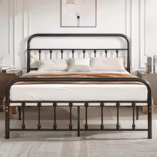 VECELO Metallbett 140 x 200 cm Bettrahmen mit Hohem Kopfteil, Stabiles Bettgestell Doppelbett aus Metall mit Lattenrost, Metall Gästebett Jugendbett, Viel Stauraum unter dem Bett, Schwarz
