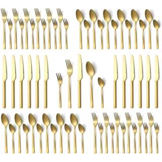 Besteck Set 12 personen, Hunnycook 60 teilig Besteck Gold matt mit Gabeln Löffel Messer, Edelstahl Goldenes Besteck für Hause/Küche/Restaurant, Hochglanzpoliert, Spülmaschinenfest