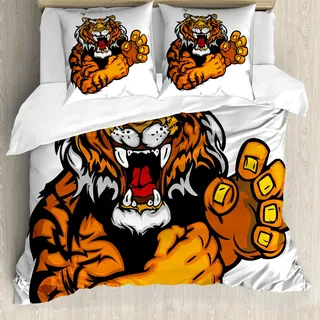 ABAKUHAUS Tiger Bettbezug, Cartoon Verärgerte Wilde Katze, Milbensicher Allergiker geeignet mit Kissenbezügen, 155 cm x 220 cm - 80 x 80 cm, Schwarz und Orange - Schwarz