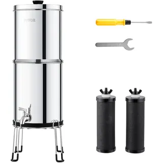 VEVOR Schwerkraft-Wasserfiltersystem, 2,25 G 304 Edelstahl-Arbeitsplatten-Wasserfiltersystem, reduziert Blei und bis zu 99 % Chlor, mit 2 Kohlefiltern/Zapfhahn/Ständer, für Zuhause, Camping, Wohnmobil