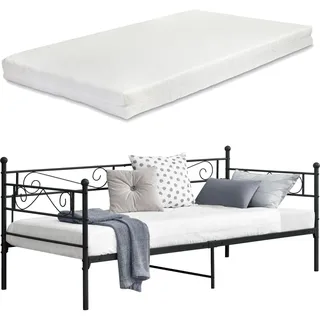 [en.casa] Bett, Kerava 90x200 cm mit Kaltschaummatratze Tagesbett mit Kopf- und Fußteil Bettsofa Kojenbett Jugendbett Gästebett Schwarz