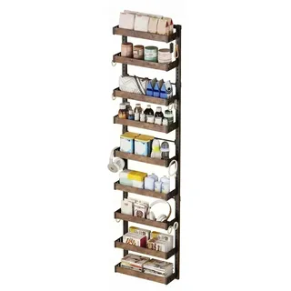 Gewürzregal Küche - 8-stöckiger Metall-Organizer - Verstellbar - Tür- & Wandmontage 2-in-1 - 8 Körbe - Bohrenfrei - Für Vorratskammer, Schrank, Bad - Holzoptik