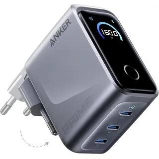Anker Prime 160W USB C Ladegerät, kompakter GaN USB-C Ladeblock mit 3 Ports, Smart Display, Touch-Steuerung, Ultra-schnelles 140W Laden bei 1 Port, für Laptop, MacBook, iPad, iPhone 17/16/15 und mehr