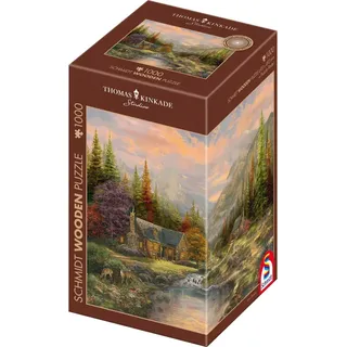 Schmidt Spiele 59799 Bergkulisse mit Bach, Thomas Kinkade, 1000 Teile Holzpuzzle