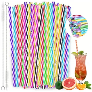 100 Stück Wiederverwendbare Trinkhalme Plastik, Kunststoff mit 2 Bürsten Harter, Lange Dickwandiger Farbmisch Trinkhalme, Strohhalme Plastik Geeignet für Milchtee Smoothies Saftgetränke Cocktails