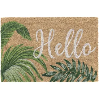 Relaxdays Fußmatte Kokos, Hello Schriftzug, Fußabtreter 40 x 60 cm, wetterfest, Türvorleger innen & außen, Natur/grün