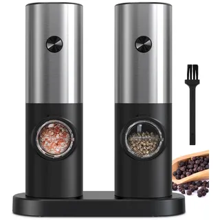 Cokunst Edelstahl Pfeffer- und Salzmühlen Set, elektrische Pfeffermühle mit Ständer, batteriebetrieben, einstellbare 5 Stufen der Grobheit nachfüllbares Mahlwerk, automatisches Mahlen mit LED Licht