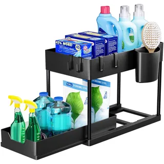 Puricon Unter Waschbecken Regal Spülschrank Organizer, 2 Etagen Standregal Küche Arbeitsplatte Regal Organizer, Mehrfunktional Küchenregal Gewürzregal Unterschrankregal Spülschrankregal -Schwarz