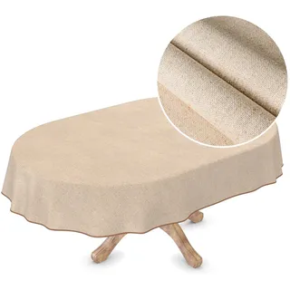 Wachstuchtischdecke Textil Tischdecke Wachstuch abwaschbar Leinenoptik Beige Uni Nachhaltig Oval 180x140cm