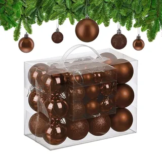 Relaxdays Weihnachtskugeln im 50er Set, Kunststoff, glitzernde, Matte, glänzende Baumkugeln, Christbaumschmuck, braun