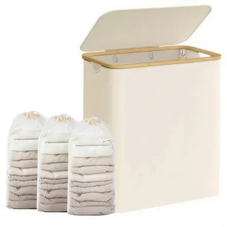Boxxx Wäschekorb , Weiß, Beige , Metall, Kunststoff, Textil, Naturmaterialien , Lederlook , 150 l , rechteckig , 60x70.5x38.5 cm , Tragegriffe, Deckel, zusammenfaltbar , Haushalt & Reinigung, Wäschepflege, Wäschekörbe & Wäschetonnen