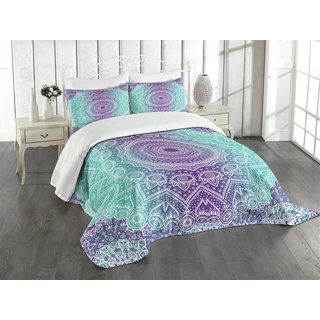 ABAKUHAUS Mandala Tagesdecke Set, Aufwändige Hippie, Set mit Kissenbezügen Waschbar, für Einselbetten 170 x 220 cm, Aqua Lila