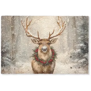 MuchoWow Fussmatte Weihnachten - Rentier - Winter - Kranz Flurteppich 60x40 cm , Braun , Kunststoff , Rechteckig , 60x0.4 cm , rutschfeste Unterfläche , Teppiche und Böden, Schmutzfangmatten, Fußmatten