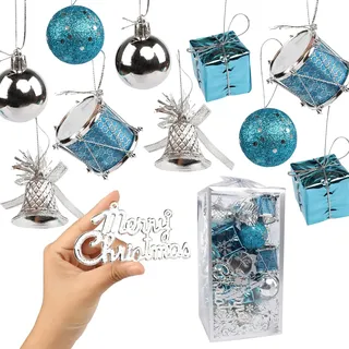 Yisscen Weihnachtskugel Blau Silber, 32 Stück Set Christbaumkugeln, Weihnachtsbaum Bälle Dekorationen, Christbaumkugeln mit Glitzer, für Weihnachtsdeko, Weihnachten Anhänger, Baumschmuck