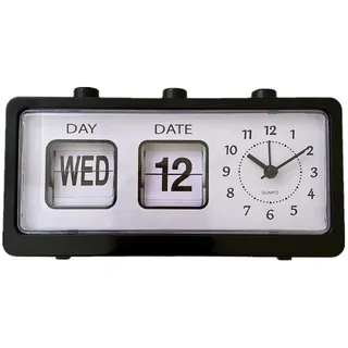 Qcwwy Tischwecker, Klassischer Mechanischer Retro-Wecker, Manueller Sprungkalender, Tischwecker mit Tag- und Datums-/Uhrzeiterinnerung für Arbeitszimmer und Büro (Black)