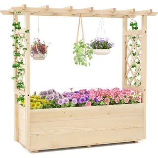 COSTWAY Hochbeet Pflanzkasten mit Rankgitter, hängendem Dach & Abflusslöchern, Blumenkasten für Kletterpflanzen, Pflanzgefäß Holz 115x40x103cm - Naturbelassen