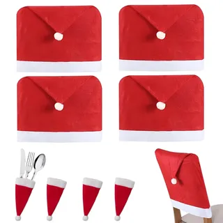 PUERHUACI Stuhlhussen Weihnachten 4er Set,Vliesstoff Weihnachtsstuhlhussen mit 4 Weihnachtsmütze,für Gabel Messer,Nikolausmütze Stuhlabdeckung für Weihnachtsfeier Dekoration