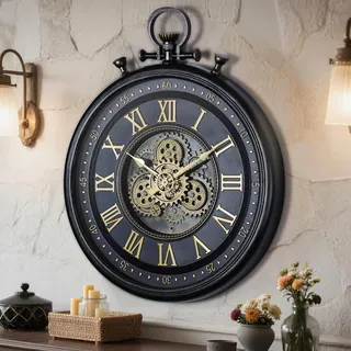 AYRELY® Große Vintage Wanduhr 61 cm mit beweglichen Zahnrädern – Industrielle Steampunk Uhr mit römischen Ziffern, dekorative Design-Wanduhr für modernes Wohnzimmer