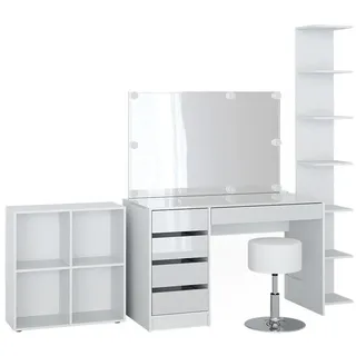 Vicco Schminktisch Sherry Weiß 5 Teile, mit Aufbewahrungsregal, Standregal, Spiegel, Hocker, Led , Holzwerkstoff , 17 Fächer , Rechteckig,Rechteckig , 120x75x55 cm , Schlafzimmer, Schminktische