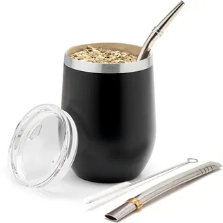 balibetov - Neu - Modernes Yerba Mate Gourd Set (Mate Tasse) - Doppelwandiger 18/8 Edelstahl Enthält zwei Bombillas und eine Reinigungsbürste (SCHWARZ, 235 ml)