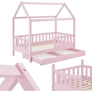 Juskys Kinderbett Marli 90 x 200 cm mit Bettkasten, & Dach - Holz Hausbett Rosa