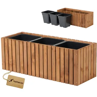 HOMERZO Pflanzkübel Holz – imprägniert wetterfest – mit herausnehmbarem Kunststoffeinsatz – Hochbeet Blumenkasten für Balkon Garten Terrasse (Vertikal-braun 98x36 H35 cm)